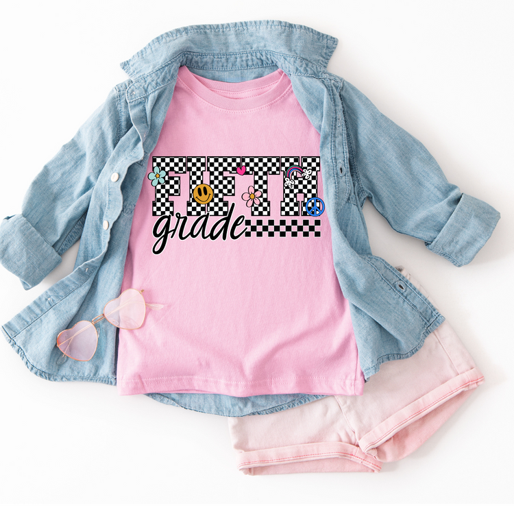 Fifth Grade Retro Pink Checkered DTF Transfers