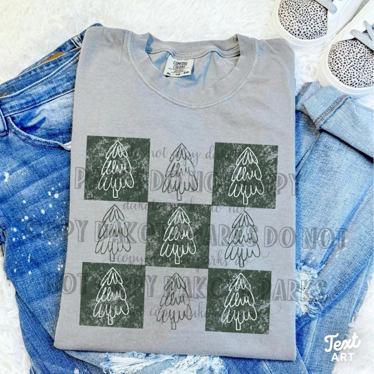 Checkered Christmas Trees Christmas Single Color Screen Print Transfer