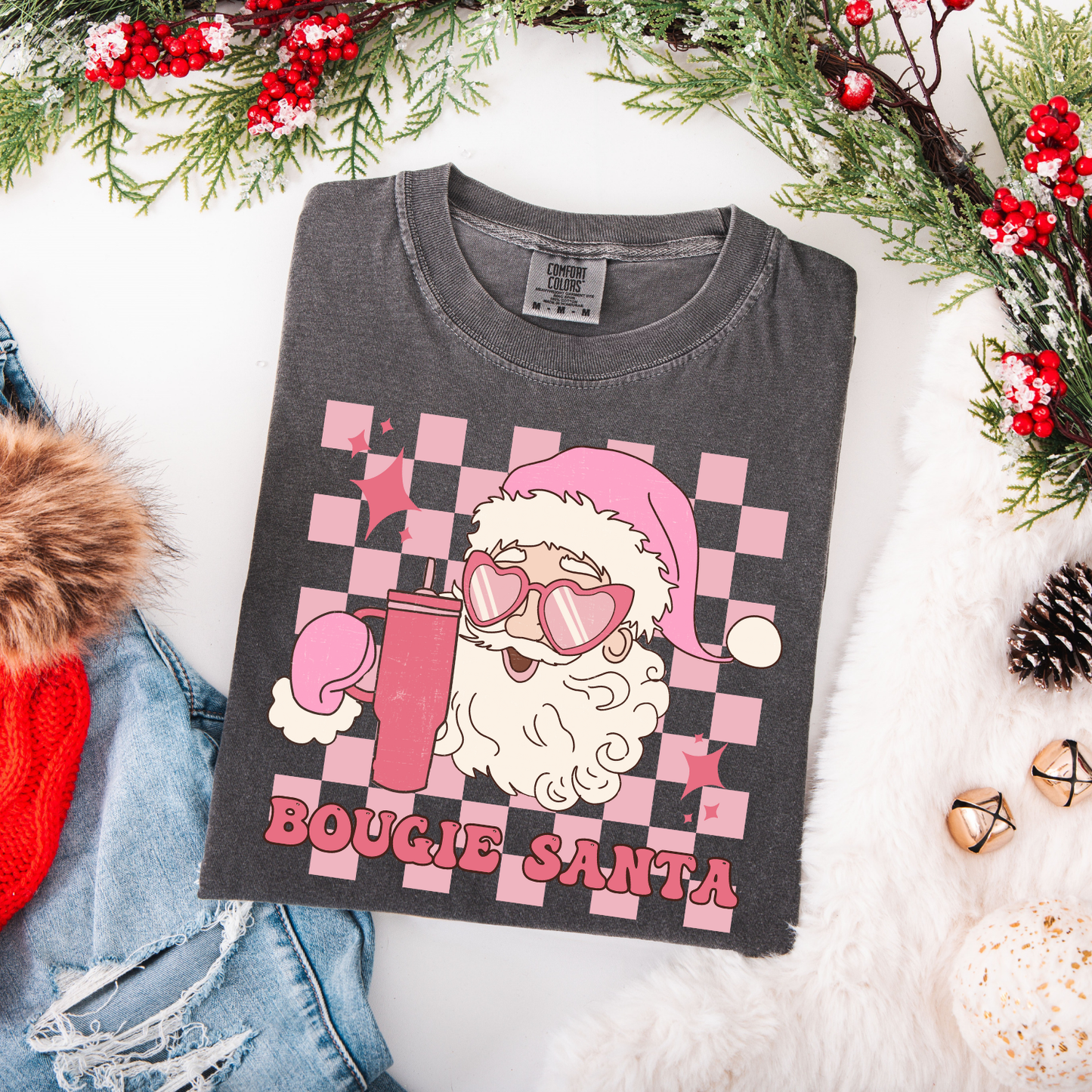 Pink Checkered Bougie Santa DTF Transfer