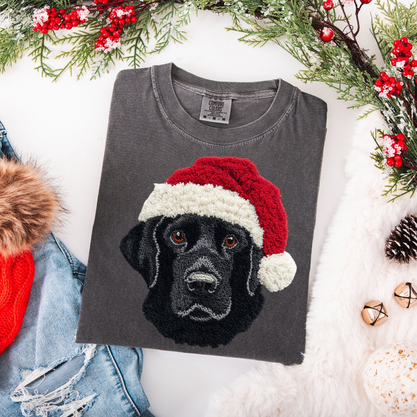 Faux Yarn Christmas Black Lab DTF Transfer