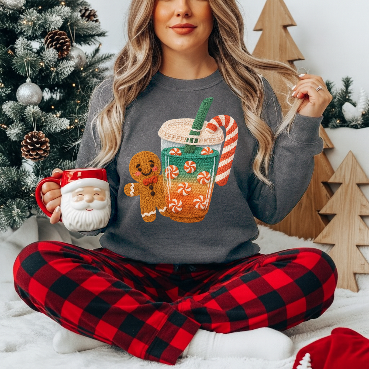 Faux Yarn Gingerbread Candy Cane Coffee DTF Transfer