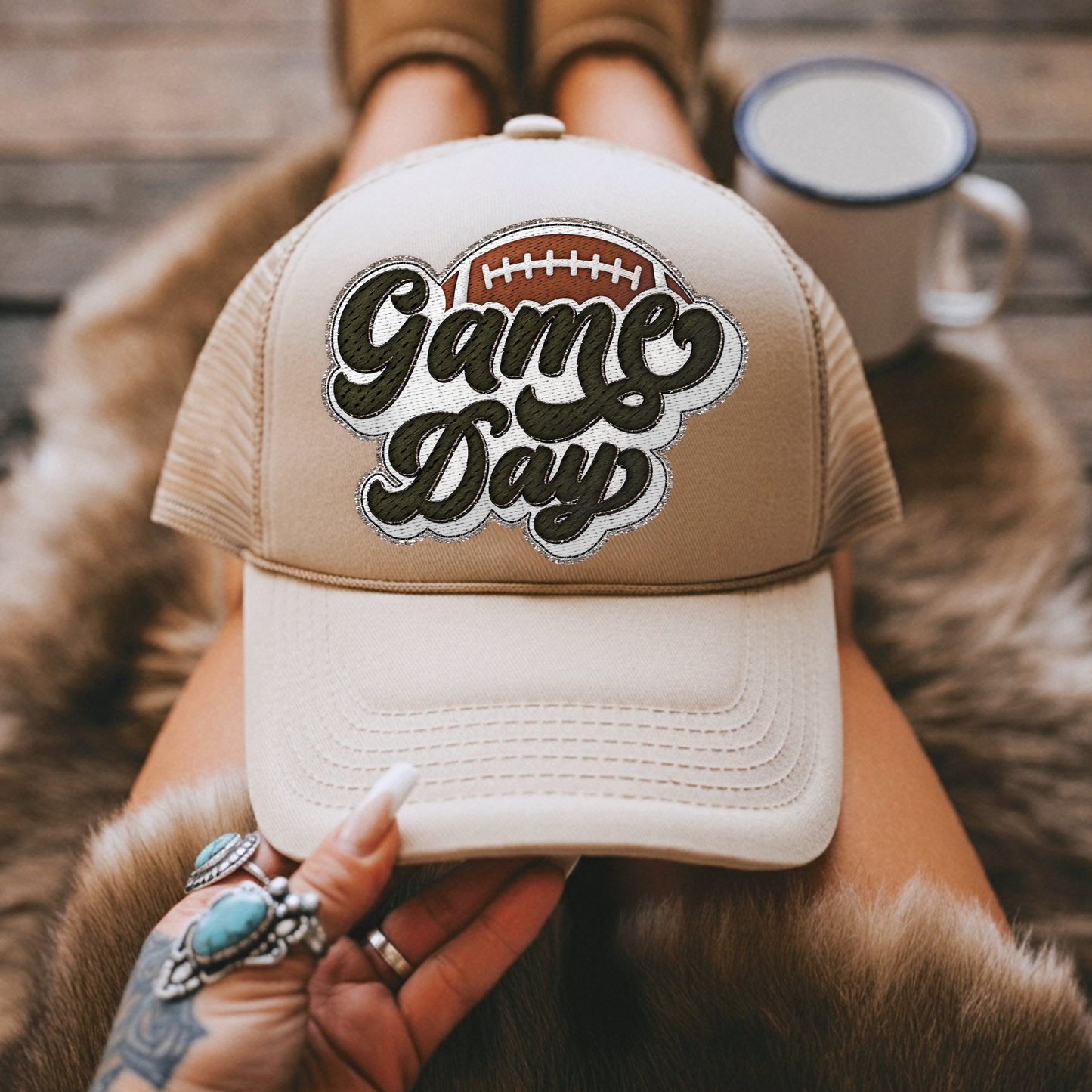 Faux Embroidery Game Day Football Hat/Oversized Pocket Clear Film Screen Print Transfer