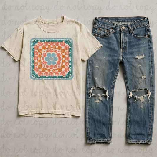 Blue Floral Granny Square DTF Transfer