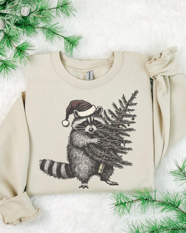 Raccoon Stealing Christmas Tree DTF Transfer