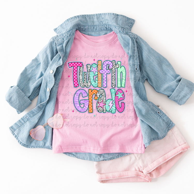 Twelfth Grade Retro Pink Stars DTF Transfers