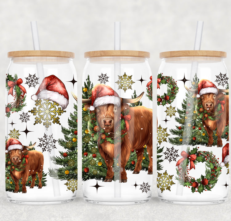 Mooey Christmas Highland Cow UV 16oz. Libby Glass DTF Wrap