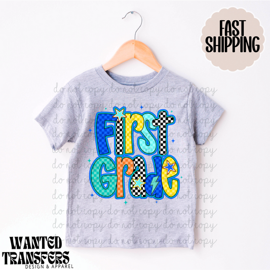 First Grade Retro Blue Stars DTF Transfers