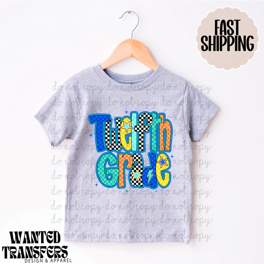 Twelfth Grade Retro Blue Stars DTF Transfers