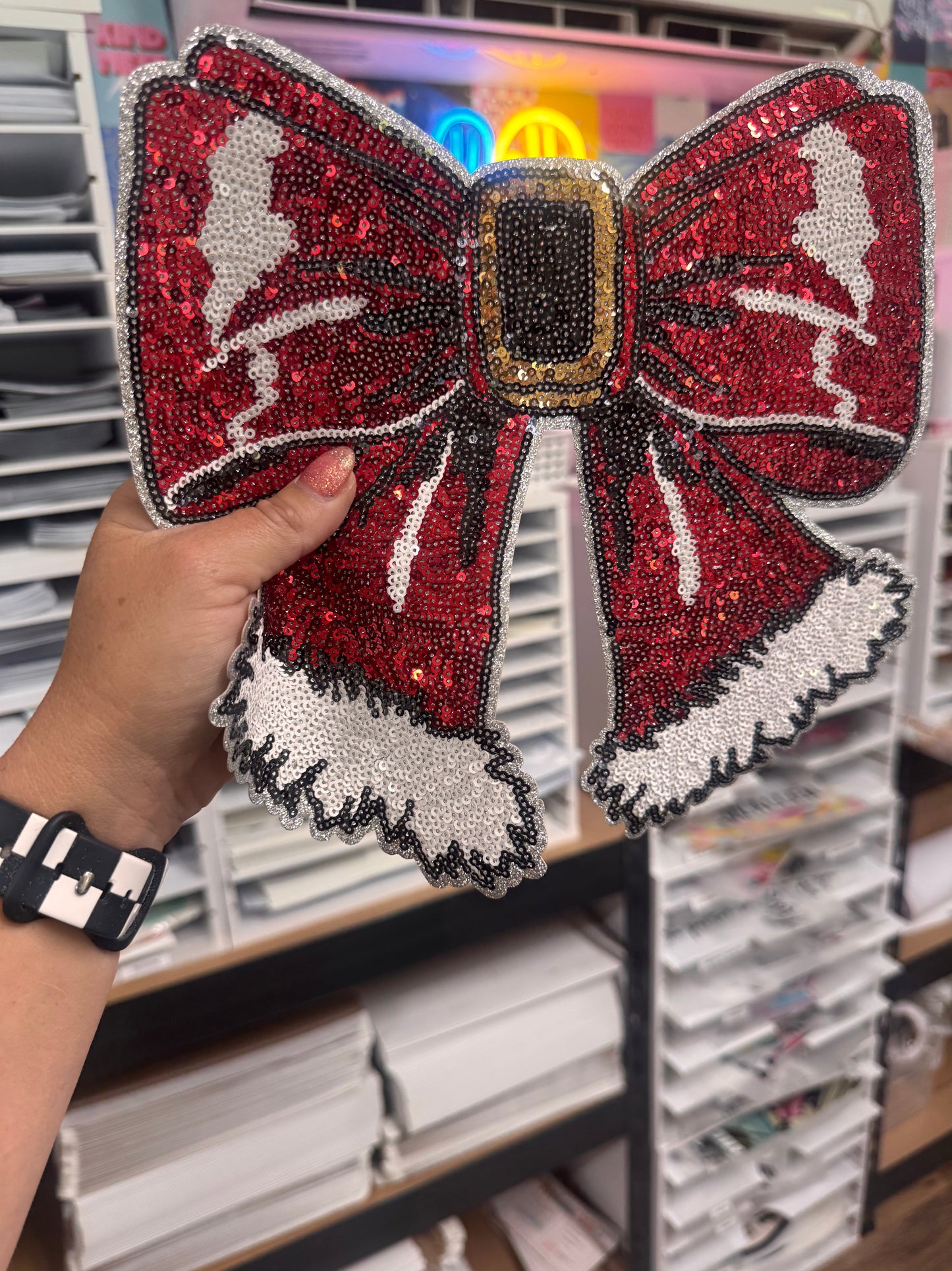 Santa Coquette Bow Christmas Sequin Patch (Adult Size)
