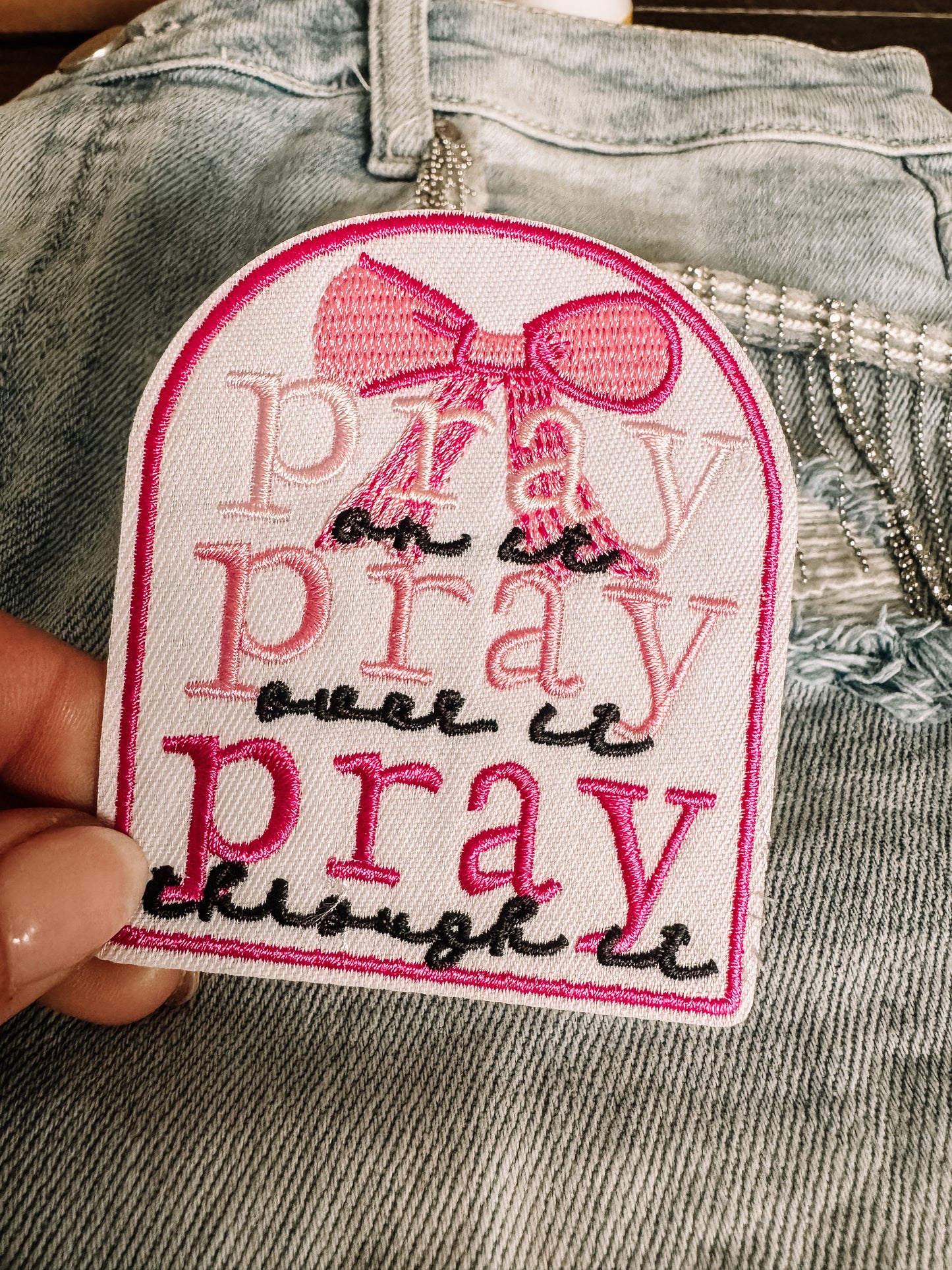Pray on It, Over It, Through It  Pink Hat/Pocket Patch