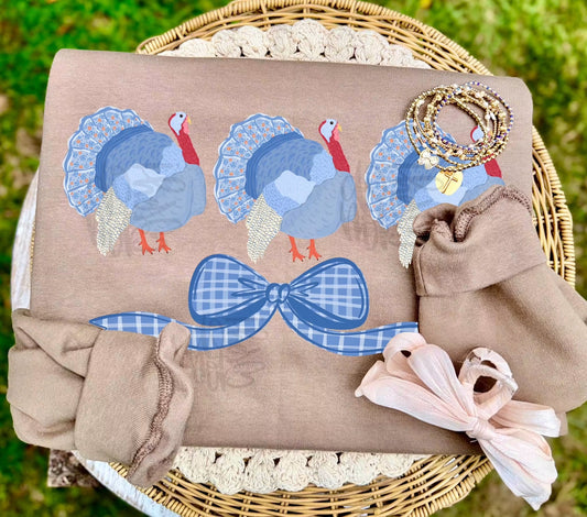 Preppy Blue Turkey Trio Thanksgiving DTF Transfer