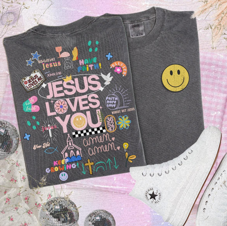 Jesus Loves You with Front Pocket Collage DTF Transfer