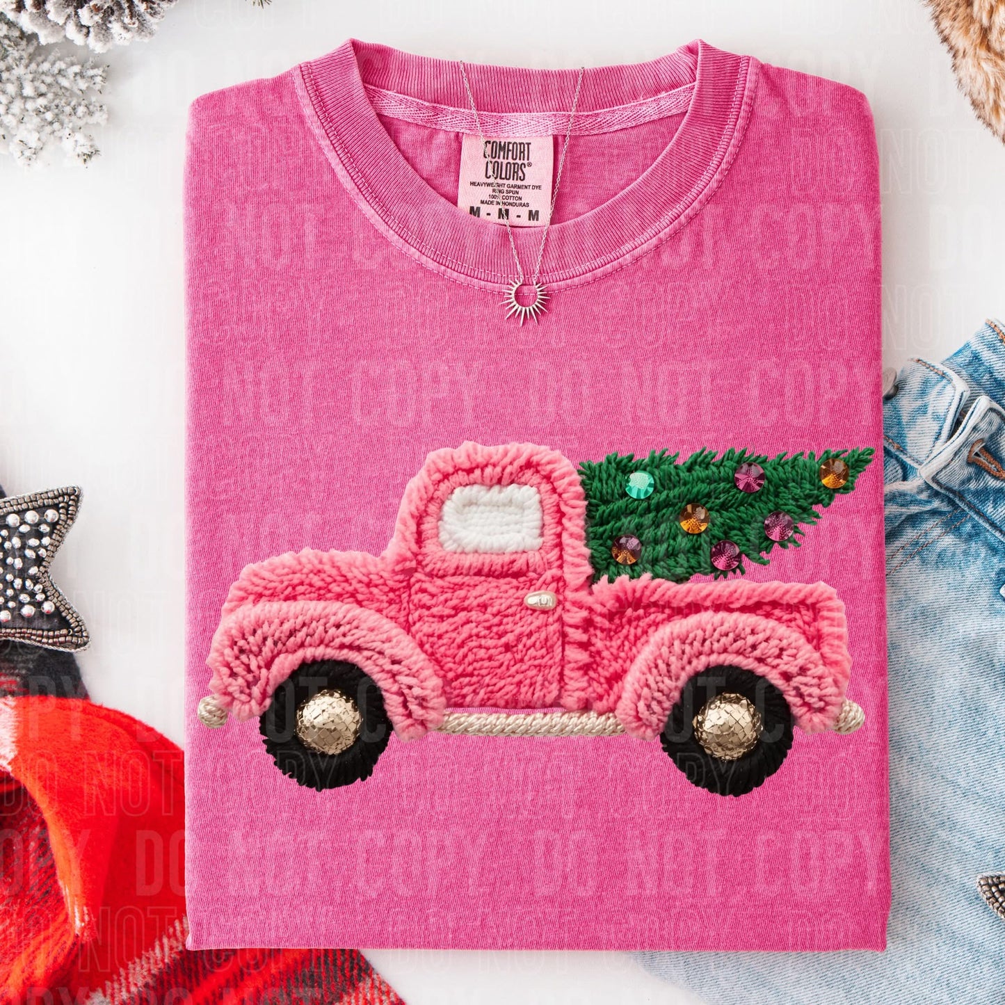 Faux Yarn Pink Christmas Truck DTF Transfer