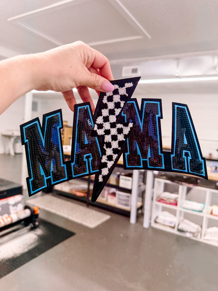 Blue Mama Lightening Bolt Sequin Chenille Patch
