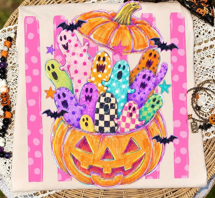 Pink Striped Neon Pumpkin DTF Transfer