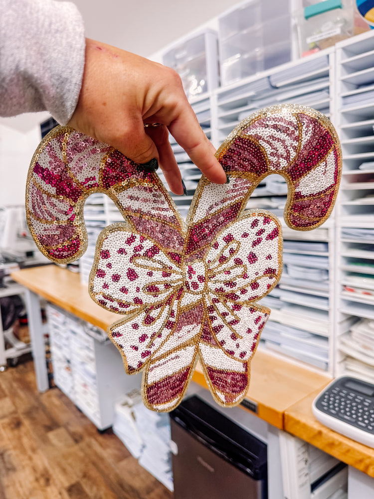 Pink Candy Cane Christmas Sequin Patch (Adult Size)