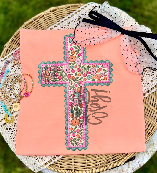 Cross Stitch Floral Cross DTF Transfer
