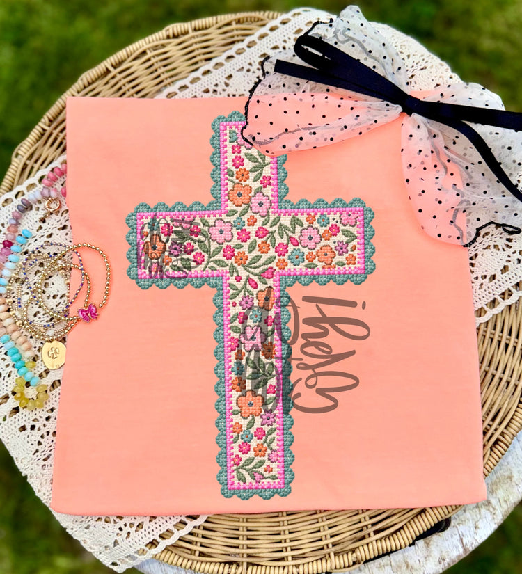 Cross Stitch Floral Cross DTF Transfer