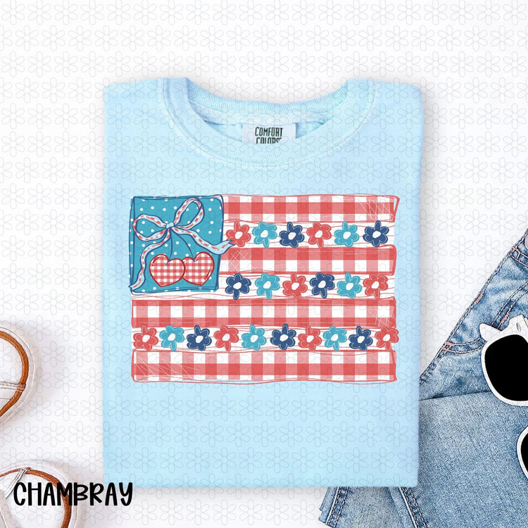 Plaid and Floral American Flag 4th of July DTF Transfer