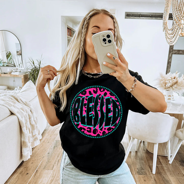 Neon Blessed Leopard Circle DTF Transfer