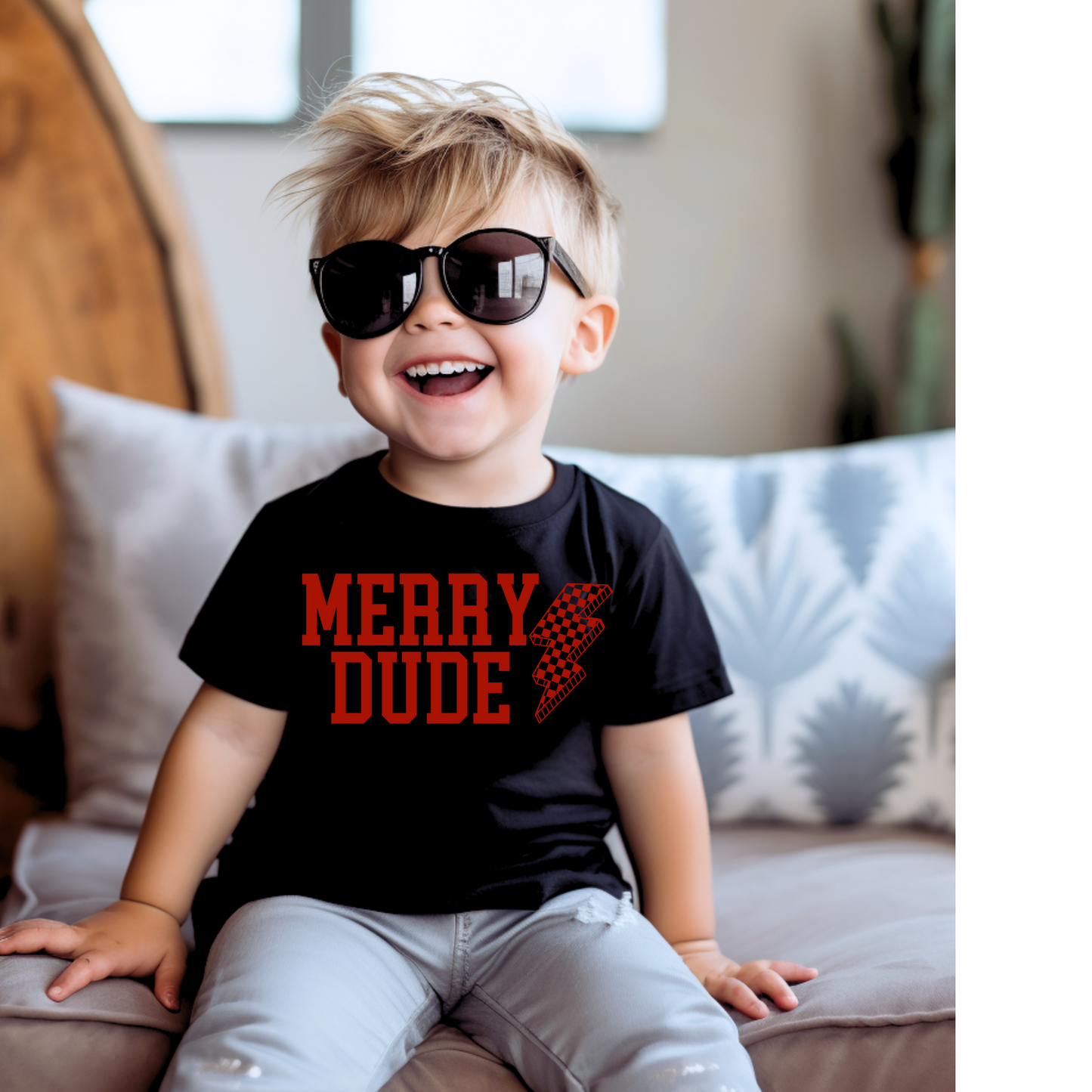Merry Dude Red Checkered Lightening Bolt Christmas DTF Transfer