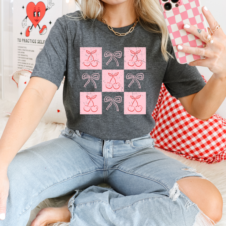Pink And Red Checkered Cherries And Bows DTF Transfer