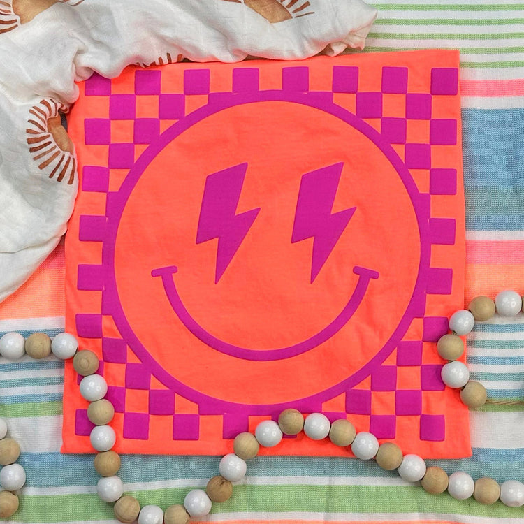 Youth Checkered Happy HOT PINK Puff Print Transfer