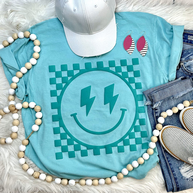 Checkered Happy Dark Teal Puff Print Transfer