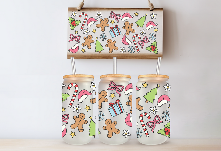 Gingerbread Christmas UV 16oz. Libby Glass DTF Wrap