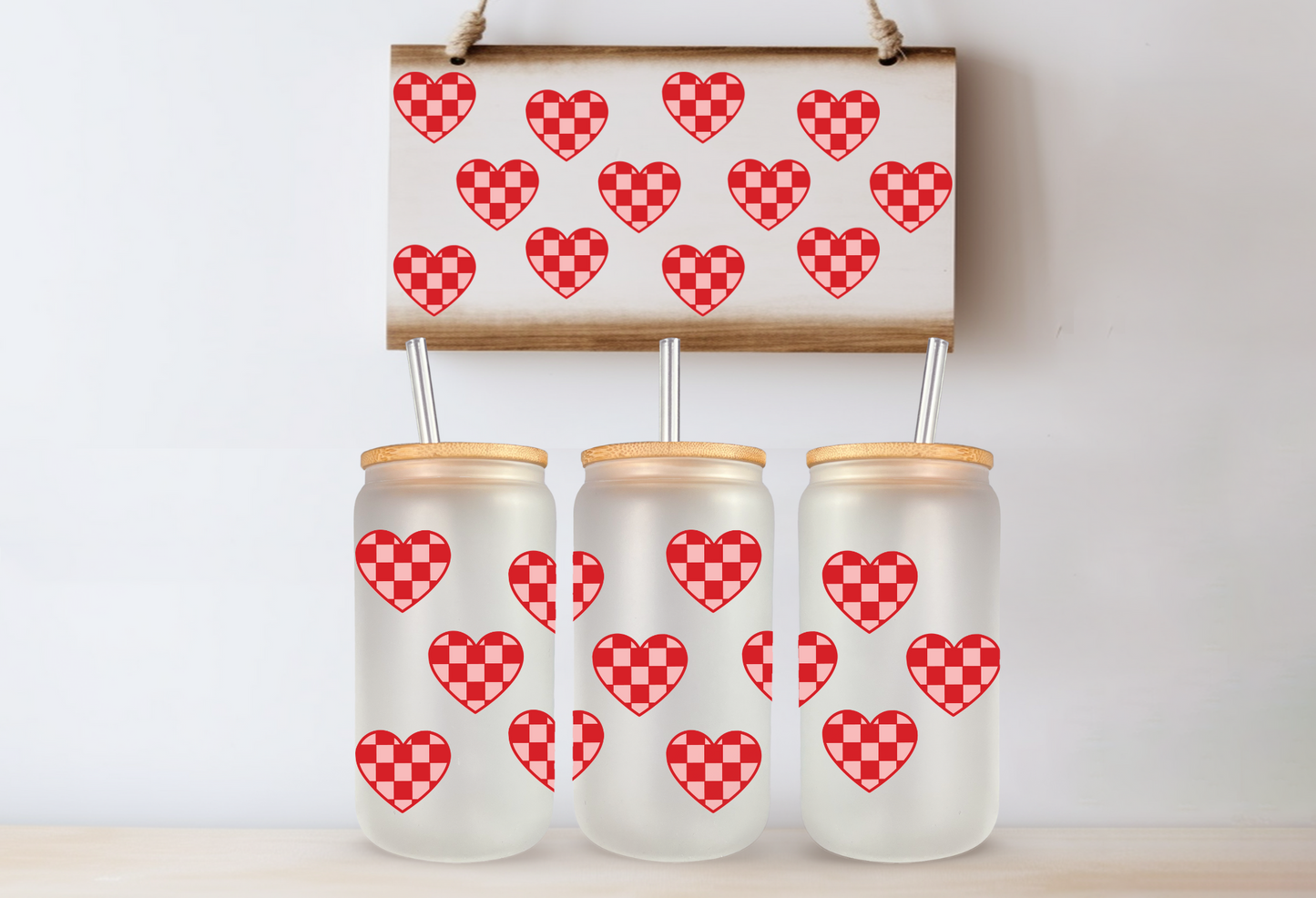 Checkered Hearts UV 16oz. Libby Glass DTF Wrap