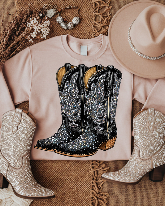 Faux Rhinestone Black Cowboy Boots DTF Transfer