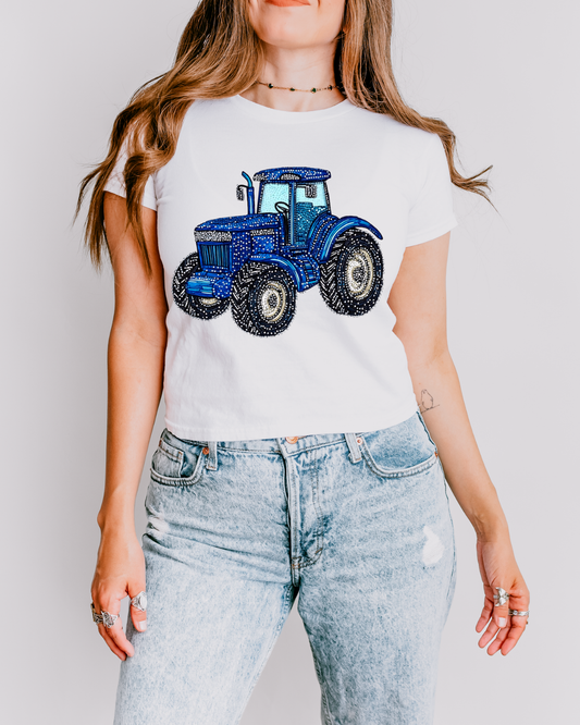 Faux Rhinestone Blue Tractor DTF Transfer