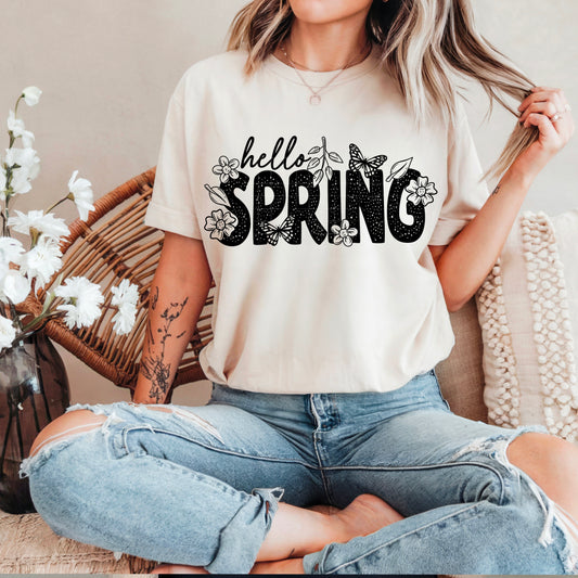 Black Hello Spring DTF Transfer