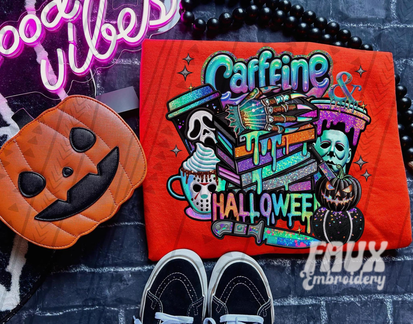 Caffeine Halloween Holographic Faux Embroidery DTF Transfer