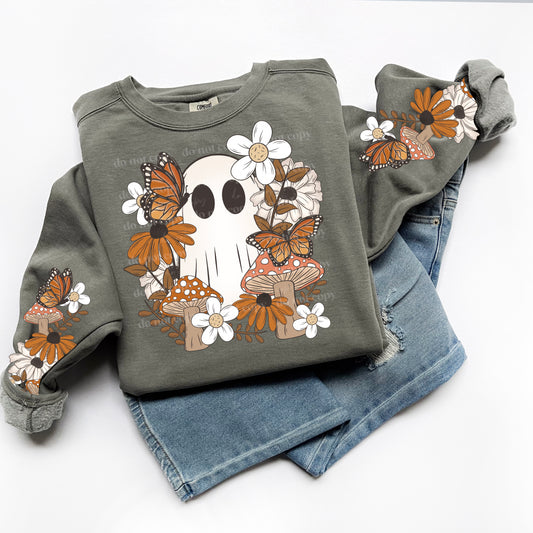 Floral Boho Ghost WITH BOTH SLEEVES Halloween/Fall DTF Transfer