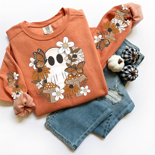 Floral Boho Ghost WITH BOTH SLEEVES Halloween/Fall DTF Transfer