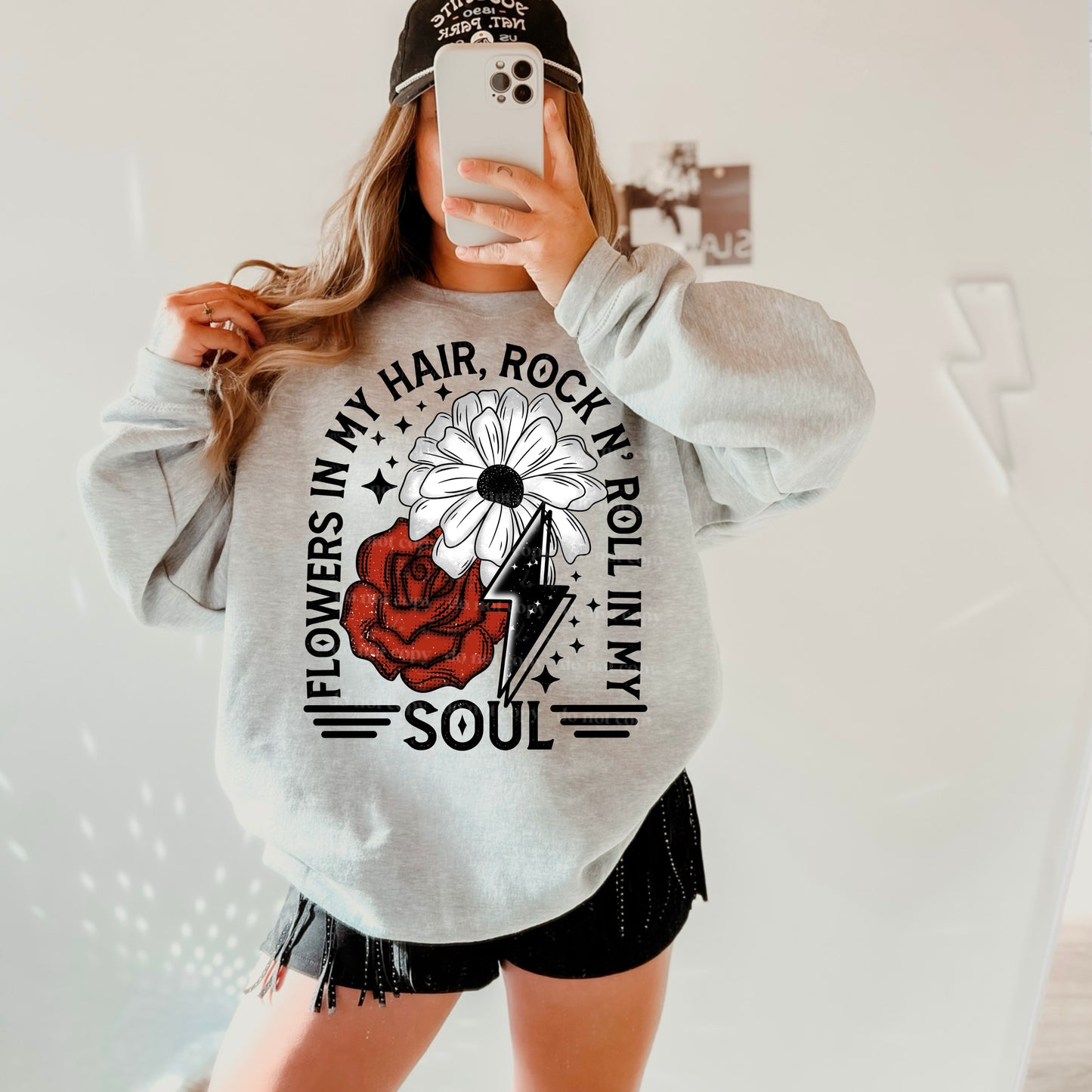 Flowers in my Hair, Rock and Roll in my Soul Black Font DTF Transfer