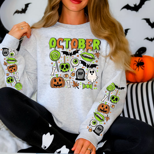 October Green + Orange Doodles Halloween DTF Transfer (BOTH SLEEVES + FRONT PRINT INCLUDED)