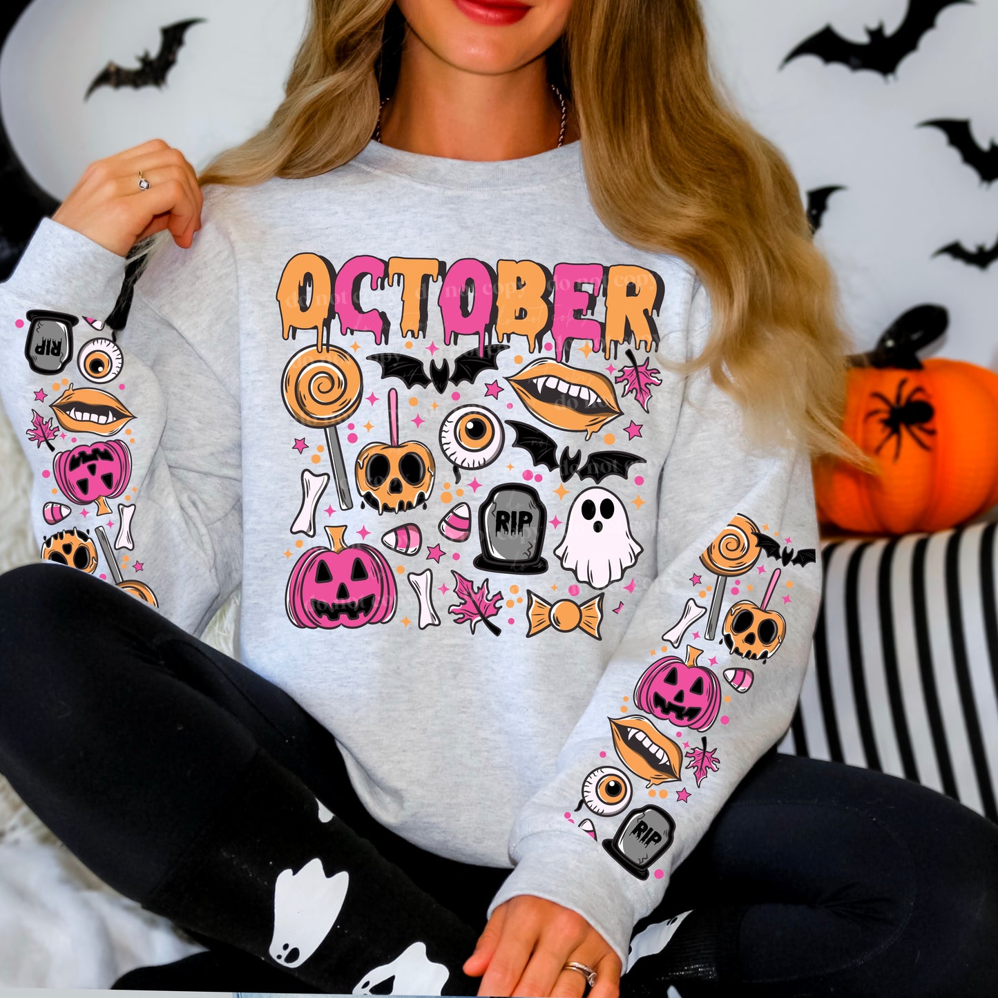 October Pink + Orange Doodles Halloween DTF Transfer (BOTH SLEEVES + FRONT PRINT INCLUDED)