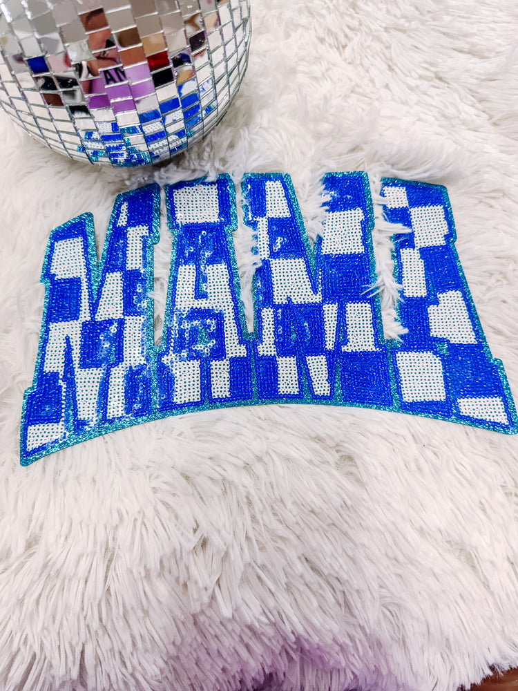 Blue Checkered Mama Sequin Chenille Patch