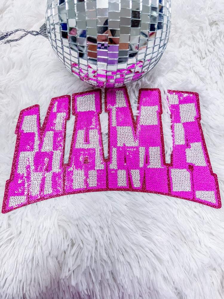 Pink Checkered Mama Sequin Chenille Patch