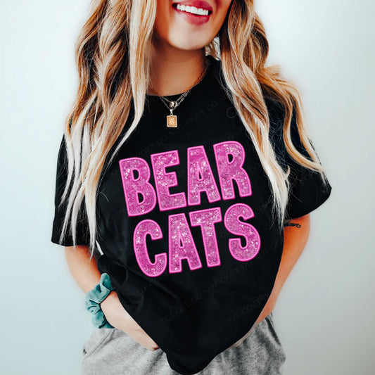 Bear Cats Pink Faux Embroidery Sequin School Spirit DTF Transfer
