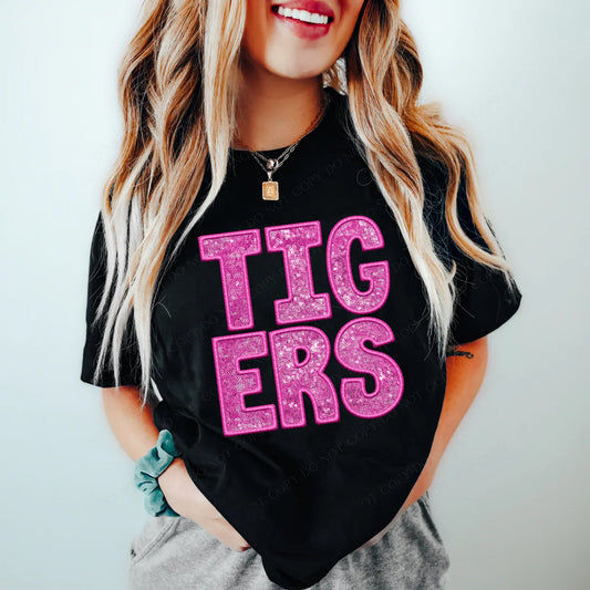 Tigers Pink Faux Embroidery Sequin School Spirit DTF Transfer