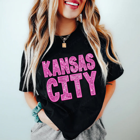 Kansas City Pink Faux Embroidery Sequin School Spirit DTF Transfer