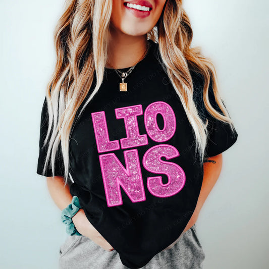 Lions Pink Faux Embroidery Sequin School Spirit DTF Transfer