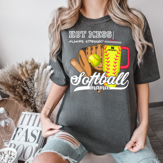 Hot Mess Softball Mama White Text DTF Transfer