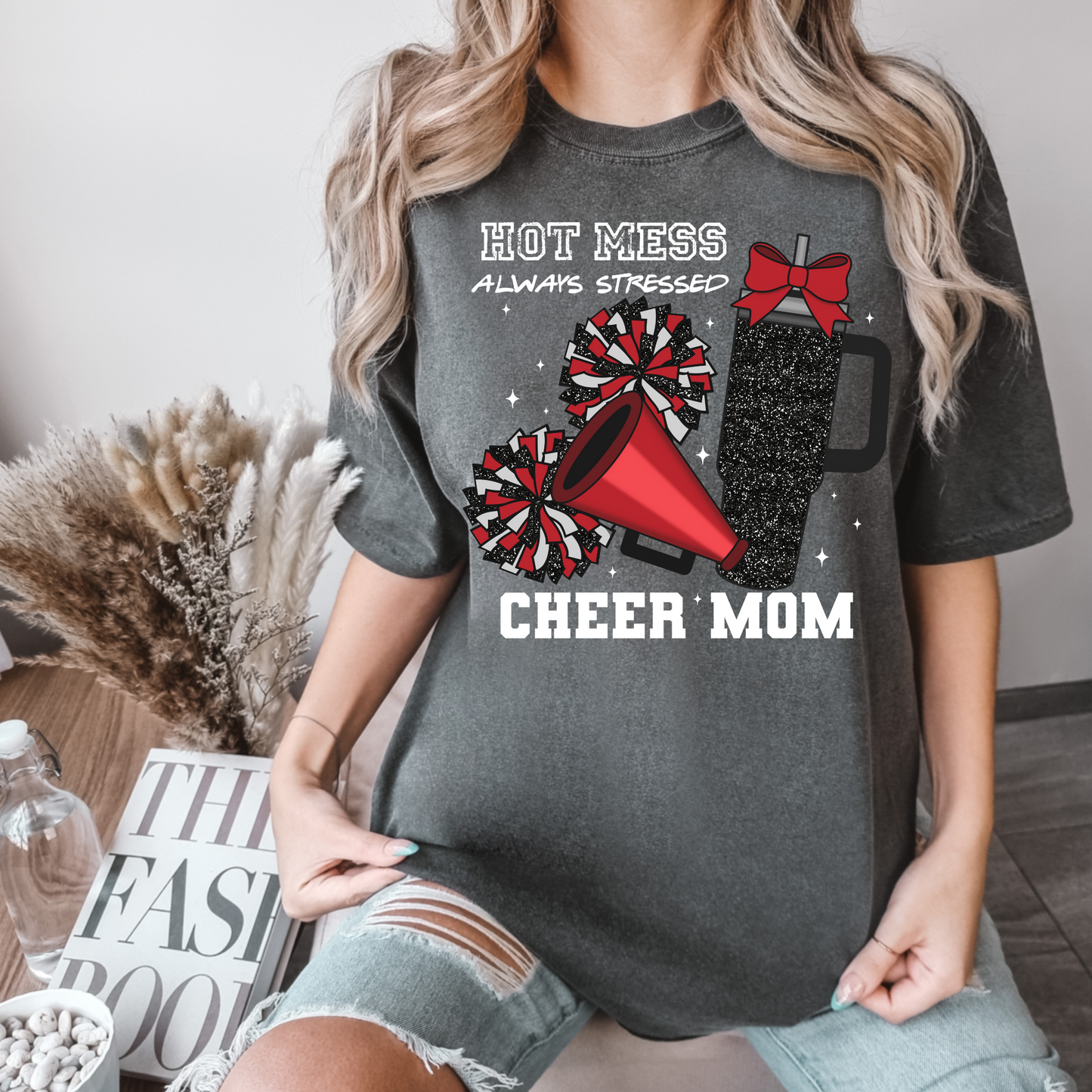 Hot Mess Race Cheer Mom Black/Red White Text DTF Transfer