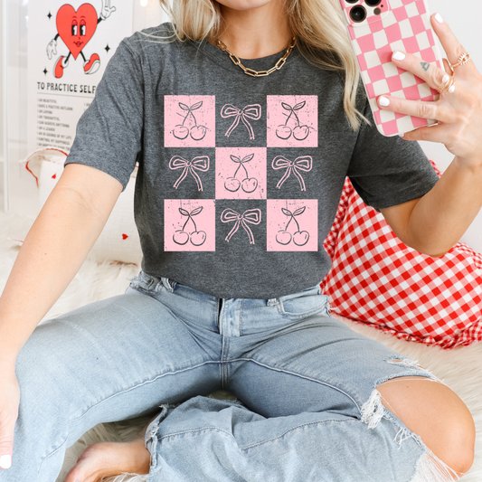 Pink Checkered Cherries And Bows DTF Transfer