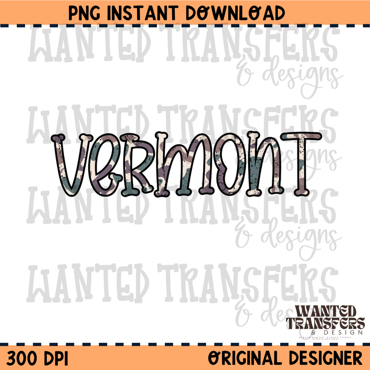 Camo State Vermont PNG Digital Download