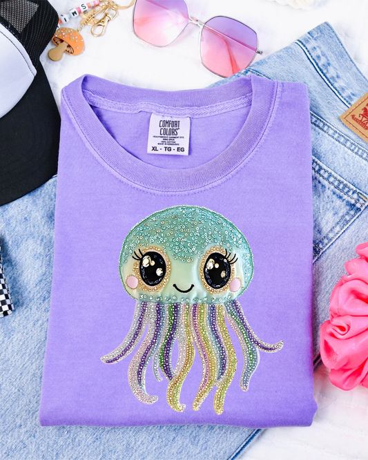 Faux Rhinestone Blue And Purple Jellyfish DTF Transfer